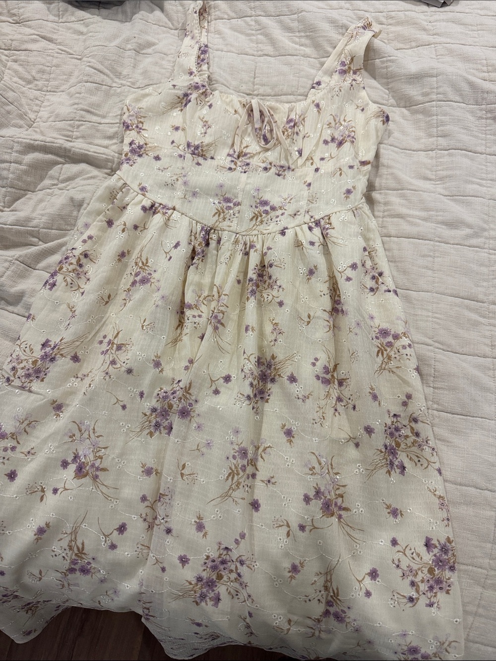 Floral Lace-Trim Purple & Cream Sundress tea length with pockets